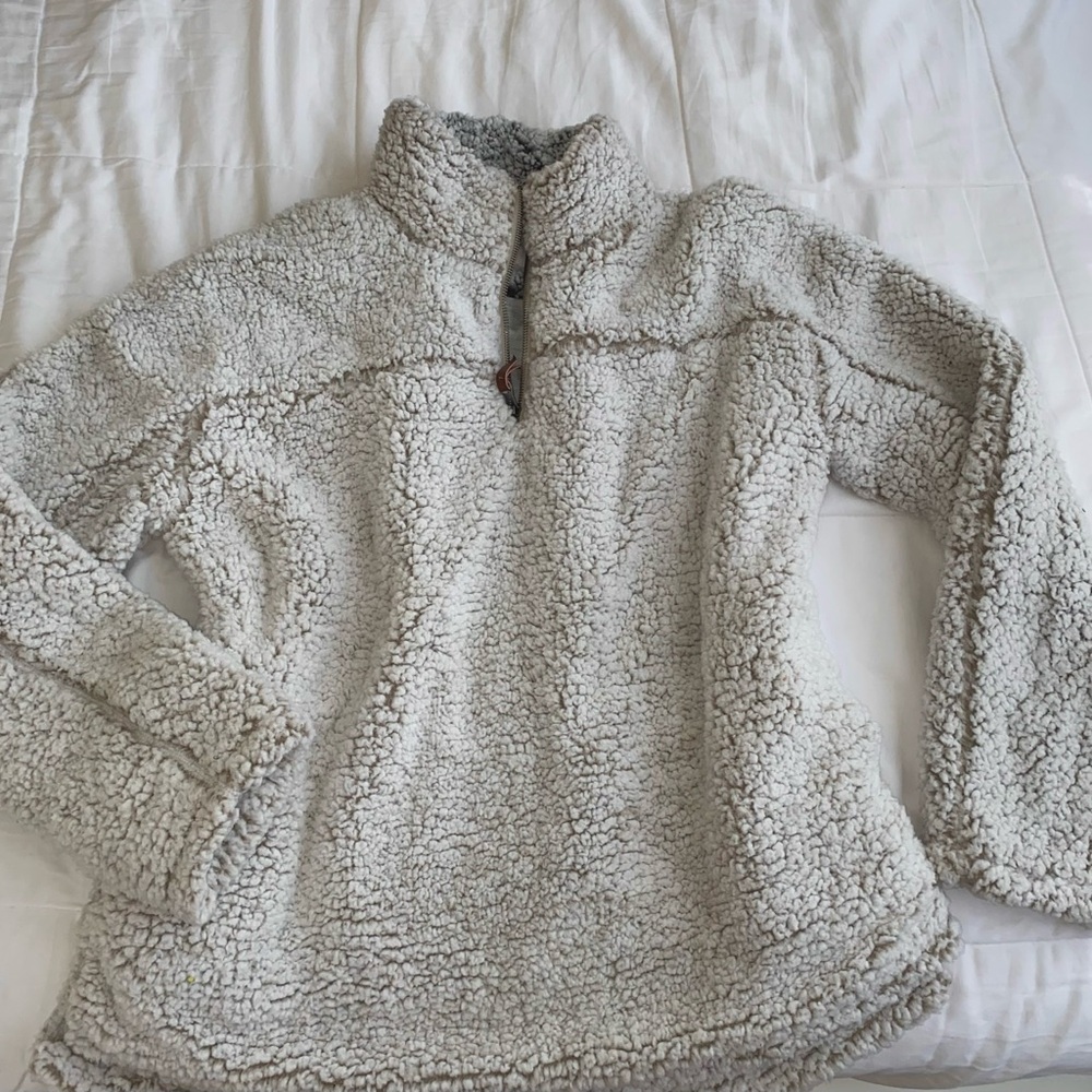 Half zip white and gray teddy pull over. large. thread and supply. super comfy